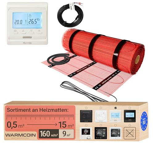 Warmcoin Elektrische Fußbodenheizung Komplettset 160 W/m² – Selbstklebende Heizmatte für Fliesen, Laminat, Vinyl & Parkett [0,5 x 18 m = 9 m²] – Inkl. programmierbarem LCD-Thermostat W51