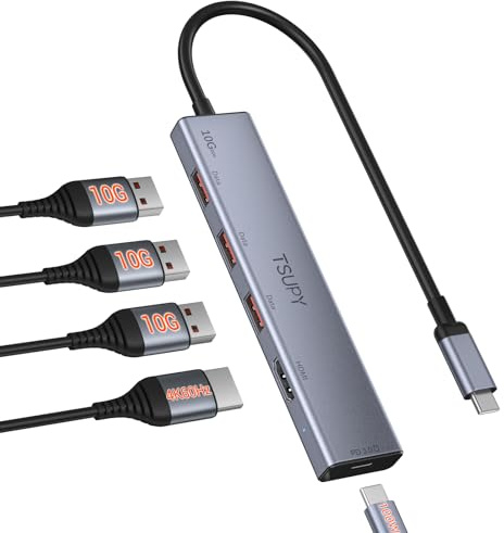 TSUPY Hub USB C Adaptador, 3 Puertos Hub USB 3.2 y Gigabit HDMI 4K@60Hz PD 100W, Aluminio 10Gbps Velocidad de Transmisión, Compatible con PC, Macbook Air, iMac, iPad, Mac, Linux