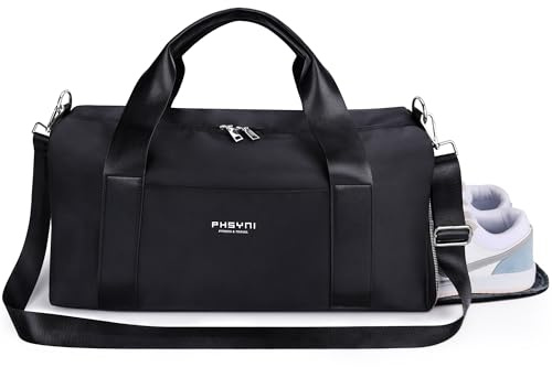 19 Zoll Sporttasche Reisetasche für Damen,wasserdichte Handgepäcktasche,Trainingstasche für Reisen Schwimmenmit Schuhfach und Nassfach,Griff aus PU Leder (Schwarz,49x20x25 cm,25L)