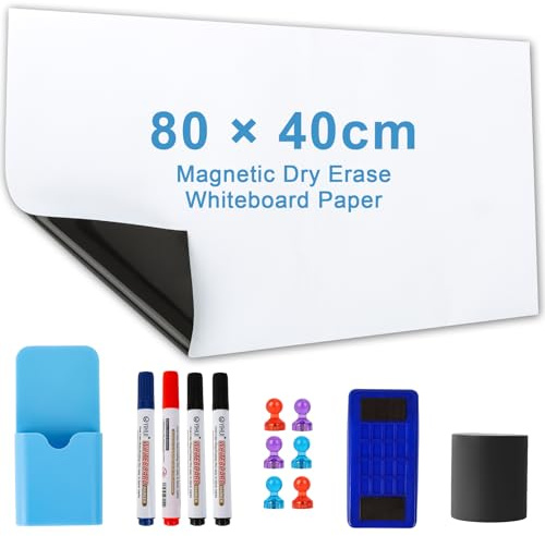 Cinnani Rollo Pizarra Blanca Magnética, 80 × 40cm Papel Pizarra Adhesiva Pared, con 4 Rotuladores, 1 Goma de Borrar y 6 Magneti, Para Escribir en Superficies Lisas en la Escuelas, Oficina, Hogar