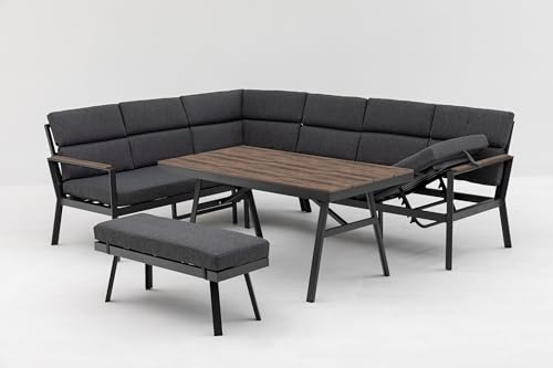 Gardissimo Nara Oak Links Dining Eck Lounge Set, Anthrazit | Mit Ecksofa, Esstisch, Bank & Kissen, Wetterfest bis 9 Personen, Bezüge Waschbar, Aluminium Sitzgruppe