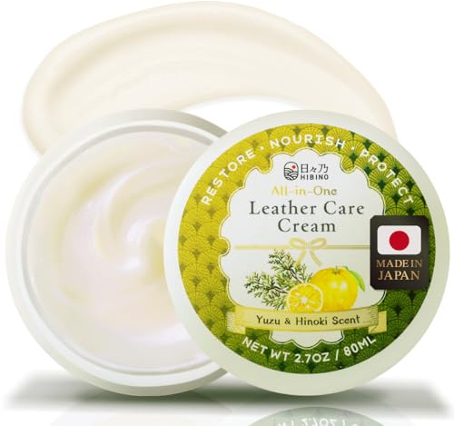 HIBINO | Leather Conditioner for Purses, Bags, Shoes & Furniture | All-in-One Cream to Clean, Restore & Protect | Non-Greasy, Quick-Absorbing Formula | Made in Japan | Yuzu & Hinoki Scent | 80ml