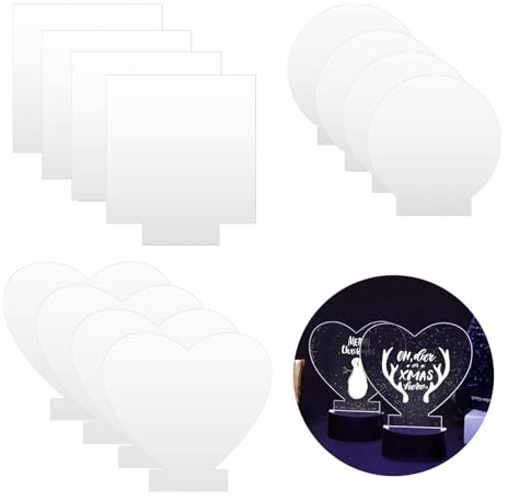 12 Stück Transparent Acrylplatte Runde Quadrate Herz, Acrylglas Platte 2mm, Plexiglasplatten, Acryl Transparent Kunststoffplatten für LED-Lichtbasis, Schilder,Gemälde, DIY Display Projekte
