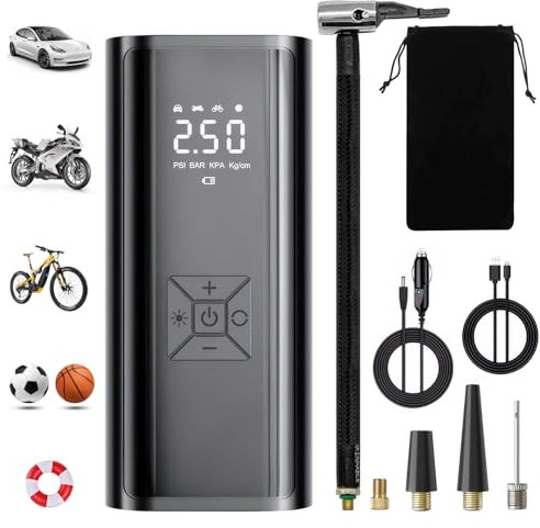 Tyre Inflator Air Compressor, 150PSI & 12V Car Tyre Inflator Rechargeable, Portable Tire Inflator Pump with Digital Dual Values Display, Cordless Tyre Inflators for Car, Bike, Motorbike, Ball