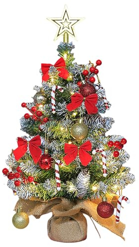 rbol de Navidad Artificial,Mini 60cm Árbol De Navidad Realista con Luces LED y Base De Arpillera,PVC Decoración de Mesa con Conos de Pino y Ornamentos de Bayas,Decoración de Mesa Navideña