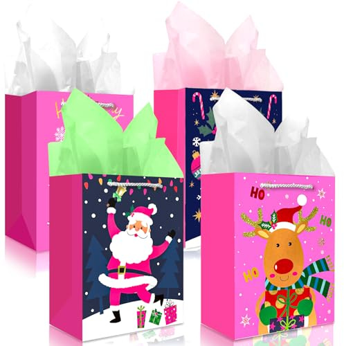 Geschenktüten Weihnachten Geschenktaschen mit Seidenpapier for Mädchen Frauen Pfirsichfarbene Rosa Weihnachtsgeschenktüten Papiertüten mit Schneemann,Nussknacker,Weihnachtsbaum,Weihnachtsmann Design
