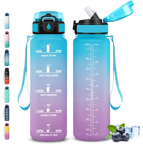 Grsta Gourde, Gourde 1l avec Paille, Gourdes Sport, anti Fuite, Gourdes Graduée avec Slogan de Motivation, Gourd Motivation, Facile à Nettoyer, Bouteille d'eau pour Aptitude, Camping, Randonnée