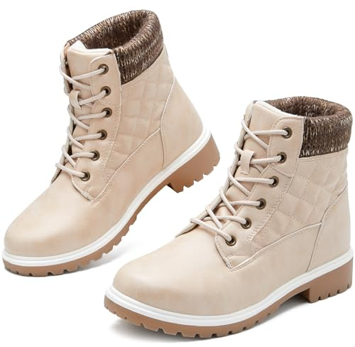 Adokoo Waterproof Ankle Boots for Women Fall Winter Snow Black Combat Boots Lace Up Non Slip for Hiking Work US8 Apricot