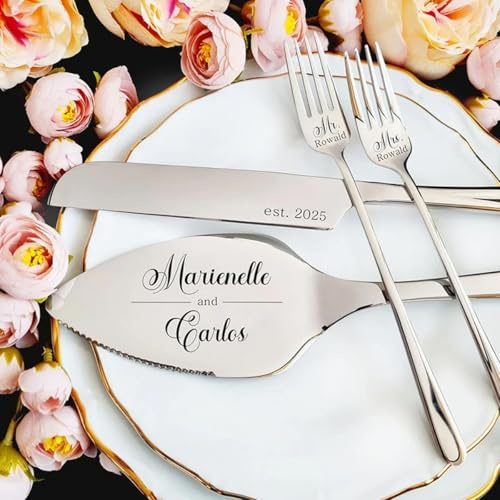 miguha Juego de Corte de Pastel de Boda Personalizado, Tenedores de Pastel de cumpleaños Personalizados, Juego de espátula de Acero Inoxidable, Regalo, decoración de Aniversario y Compromiso