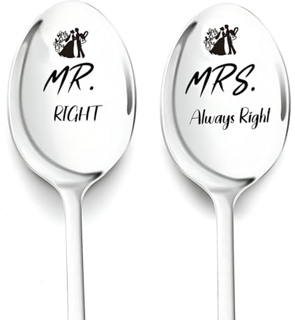 2 Cucchiai da Cereali Personalizzati con Incisione Mr Right & Mrs Always Right, Regalo Matrimonio, Anniversario, Coppia, Natale, Valentino, Idee Regalo Originali