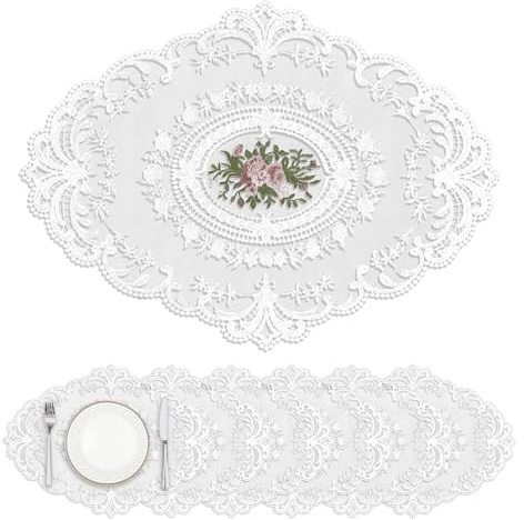 Privalace 6Stück Retro Spitzen Platzsets Oval Blume Bestickte Weiß 43x32cm | Vintage Tischsets Abwaschbar Vasenpads Platzdeckchen für Tisch Küche Essen Party Decor