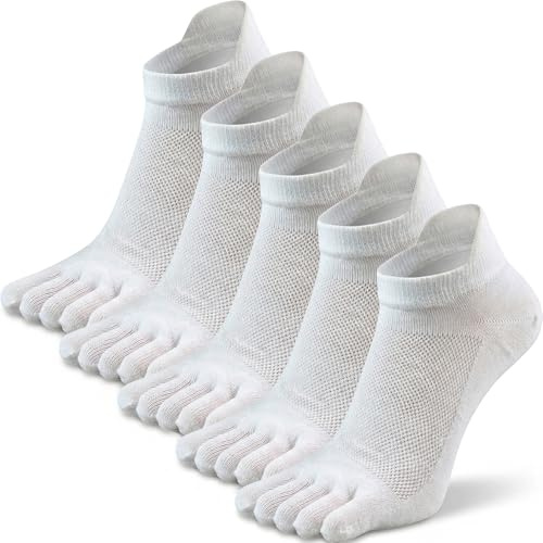 QUPOLPOL Tåstrumpor herr, bomull fem-fingerlöparstrumpor | Ventilerande sneakers sportstrumpor, 5 par, EU 39–44, vita