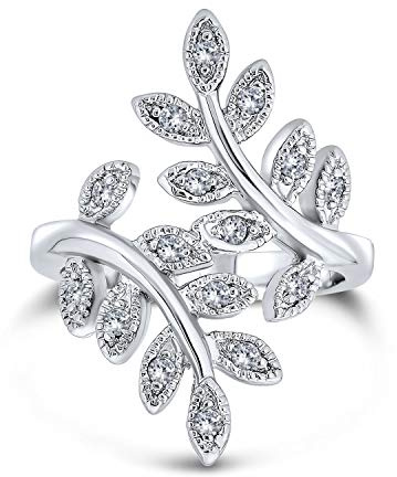 Bling Jewelry Nature Ivy Vine Leaf Fashion Statement Ring For Women Cubic Zirconia Pave CZ Bypass Silver Plated Brass