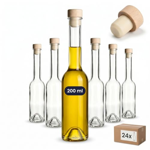 gouveo Set de 24 botellas de vidrio Sinfonie (0,20 l) con tapón de corcho con mango de madera transparentes estrechas para licor jarabe aceite vinagre y decoración (SIF200HGK)