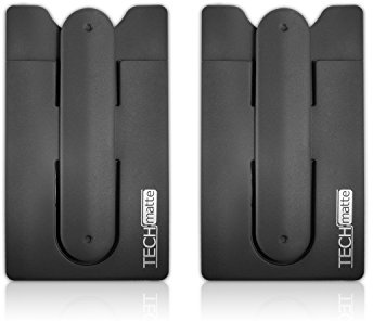 TechMatte Phone Wallet-Stick On Card Holder and Money Clip with Built-in Phone Stand (2-Pack, Black)