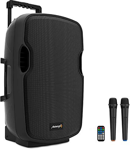 Audibax Denver 15 Altavoz Activo PA 15 con Bateria, Ruedas + 2 Micros Inalambricos Mano