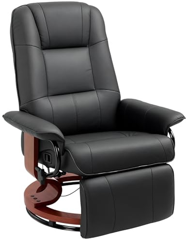 HOMCOM 360° Swivel Recliner Chair with Footstool, Manual Recliner Armchair with Wooden Base, PU Leather Upholstered Reclining Chair for Living Room, Bedroom, Office, Black