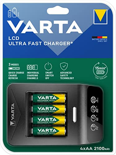VARTA Cargador de Pilas, incl. 4x AA 2100mAh, cargador para pilas AA/AAA recargables, LCD Ultra Fast Charger+, carga por ranura única, 3 modos: carga rápida, carga, refresca, incl. adaptador de 12V