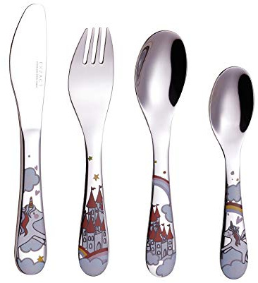 EXZACT Kinder Kinderbesteck 4 tlg Edelstahl Einhorn für Familienessen und | 24 Month spülmaschinengeeignet Einhorn Pattern Gabel Messer Table Löffel Kleinkinder Zuhause Kinderzimmer Geschenke