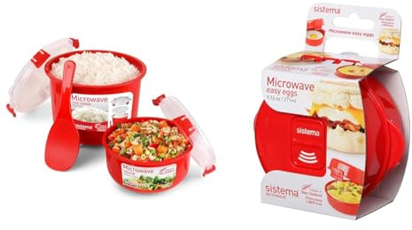 Sistema Microwave Rice Cooker (2.6L) & Round Food Container (915ml) Set | Steam-Release Vents | 2 Count & Easy Eggs Microwave Egg Cooker (270 ml) | BPA-Free | Red