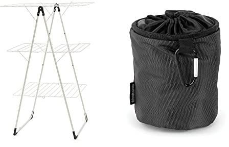 Brabantia 477843 Tower Drying Rack, 23 m - Ivory & Premium Peg Bag - with Closing Cord - Durable and Weather Resistant - Storage for up to 150 Pegs - Rotary Dryer - Black - 28 x 18 x 17.5 cm