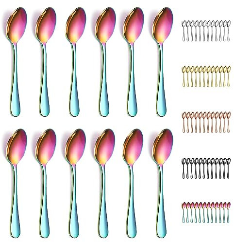 Evanda Teelöffel Regenbogen 12er 14cm, Kaffeelöffel aus Titainium Regenbogenbeschichtung Edelstah, Espressolöffel, Dessertlöffel, Kleine Löffel, Besteck für Tee, Kaffee, Dessert, spülmaschinenfest