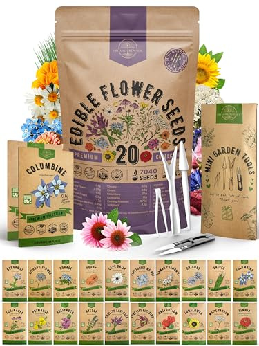 Organo Republic 20 Edible Flower Seeds Variety Pack- Indoor/Outdoor. 7000+ Non-GMO Heirloom: Borage, Bergamot, Nasturtium, Chives, Cape Daisy, Hyssop, Zinnia Seeds & More