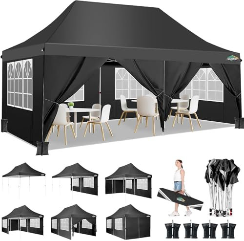 COBIZI Gazebo 3x6 Pieghevole Impermeabile con 6 Parti Laterali, UV 50+ Gazebo da Giardino Tenda Padiglione Pop up con 4 Sacchi di Sabbia, per Campeggio, Festival, Feste