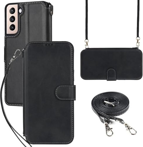 ELTEKER Hülle für Samsung Galaxy S21 Klapphülle,Handyhülle mit Umhängeband und Kartenfach,Perfekt Schutz RFID Blocker Handytasche Leder Hülle für Samsung Galaxy S21,Schwarz