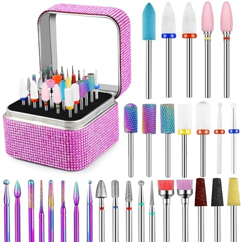 30 Pièces Embout ponceuse ongles avec Porte-Embouts Strass, Forets à ongles Diamant Céramique Carbure 3/32 Pouce pour Soins Cuticules, Manucure & Pédicure Gel Acrylique à Domicile ou Salon