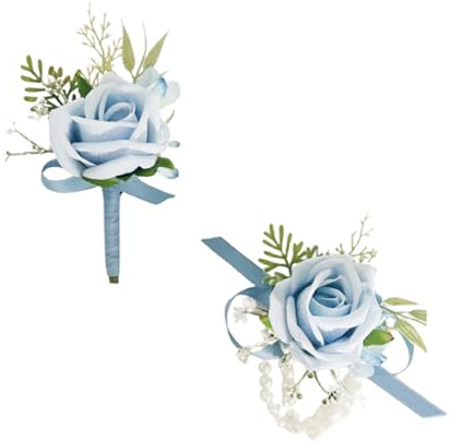 Floinla Light Blue Corsage and Boutonniere Set for Wedding Prom, Artificial Rose Babysbreath Flower Wrist Corsage Bracelets, Homecoming Corsage Wristlet, Boutonniere for Men Wedding Suit Decorations