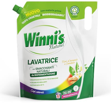 Winni's - Detersivo Lavatrice Ipoallergenico Ecoformato per Capi Colorati,33 Lavaggi,con Smacchianti Naturali da Biofermentazione,Fragranza Fiori d'Arancia e Sandalo,Con Materie Prime Vegetali,1485 ml