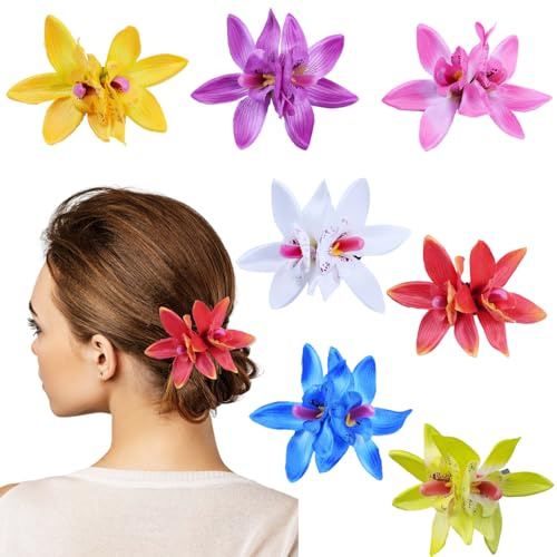 HIFOT 7 Stücke Bunte Haarspangen Damen, Hawaii Blume Haarklammern Mädchen, Doppelte Orchideen Haarschmuck Haarclips Kinder für Frauen Party Haarstyling Haarnadeln Hochzeit Haarklammer Groß