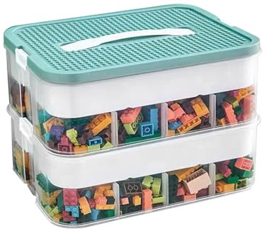 DingGreat Zweistufig Aufbewahrungsbox für Lego Bausteine Ablagefächer Stapelbar Kisten Spielzeug Aufbewahrung mit Deckel Stapelboxen Kunststoff Sortierboxen Kleinteile Transparent (box only)