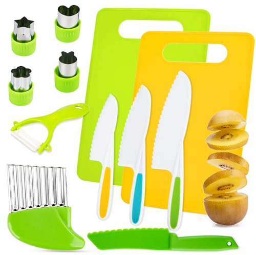 Kindermesser Set 12-Teiliges, Kinder Küchenmesser, Sicherheit Kndermesser ab 2 Jahre, Montessori Messer, Kinder Kochset zum Schneiden und Kochen von Obst oder Gemüse