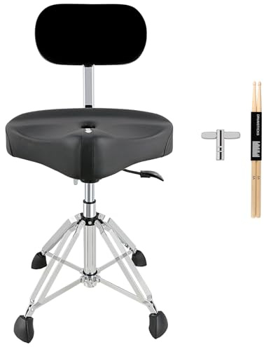 ROWELL Drum Throne with Backrest Hydraulic Drum Stool Height Adjustable Airlift Drum Thrones 4 Leg Heavy Duty Drum Seat 4.3 in Thick Padded Drum Chair Drum Stools for Drummers,Guitar Players (Black)