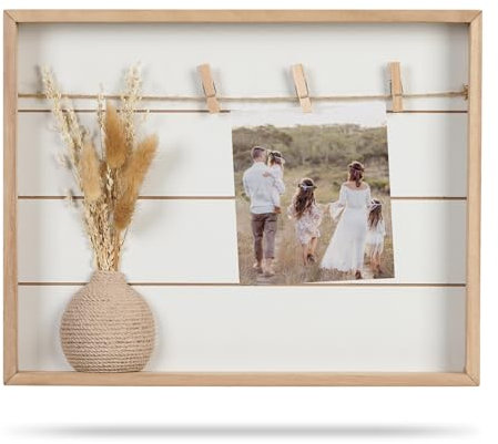 WPAJIRZO 3D Bilderrahmen zum Befüllen - Holz Boho Fotocollage inkl. Trockenblumen Deko - Fotorahmen mit Fotoleine & Klammern für kreative DIY Foto-Gestaltung
