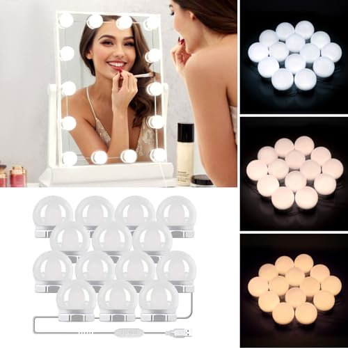 14 Bulbs Hollywood Mirror Lights with USB Cable, 3 Colours Changing & 10 Levels Brightness, Vanity Mirror Lights Stick on Mirror, Make up Light for Mirror, Dressing Table