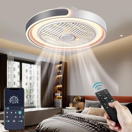 ASJK Deckenventilator mit Beleuchtung, Leise Lampe mit Ventilator, App und Fernbedienung, 72 W 7200 lm, dimmbar, für Wohn-, Schlaf- und Esszimmer, 6-Gang, Timer, Grau
