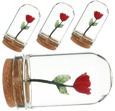 Garneck Mini Fake Plants Set 4pcs Miniature Red Flowers in Glass Domes for Tiny House Decorations