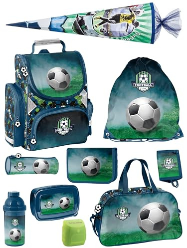 Familando - Schulranzen Set - 10-teilig mit Schultüte - Fussball - Ergonomisch, stabil & mit gepolstertem Rücken - 1000g leicht - 15L Volumen - Mit Reflektoren - Für Grundschule ab 1. Klasse