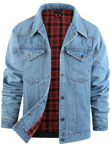Mr.Stream Truckerjacka för män, denimjacka, herr, västerländsk cowboy pläd, flanellfodrad, tvättad snäpp, jeansjackor, vintagestil, kappor, Ljusblått, L