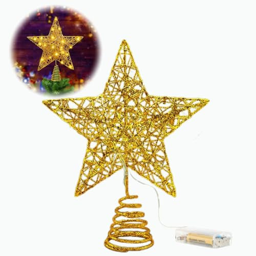 Irunfast Golden Christmas Tree Star Topper Lighted, LED Warm Light, Pentagram, 20*25CM