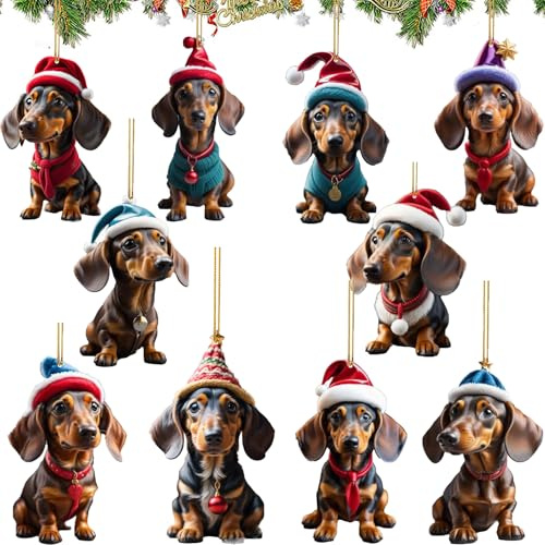 10 Stück Weihnachten Dackel Deko,Dackel Weihnachtsschmuck,Weihnachtsanhänger Dackel,Dackel Geschenke,mit elastischer Kordel 2D acryl anhänger,für Auto Ornament Geschenke und Home Decorations