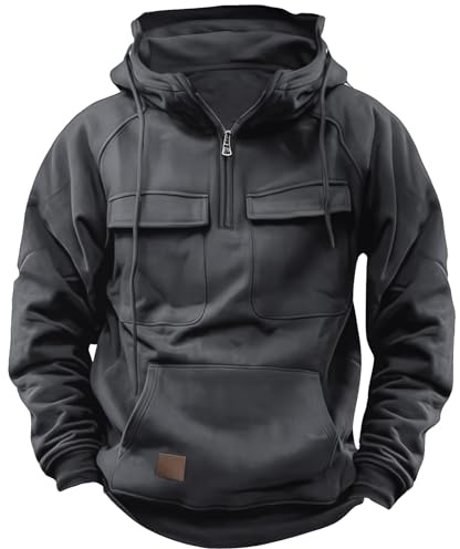 CLOAKA Cargo pullover sweatshirt herr taktisk huvtröja dragkedja huvtröja 1/4 dragkedja up huvtröjor träning gym män mode utomhus huvtröja, GRÅ, L