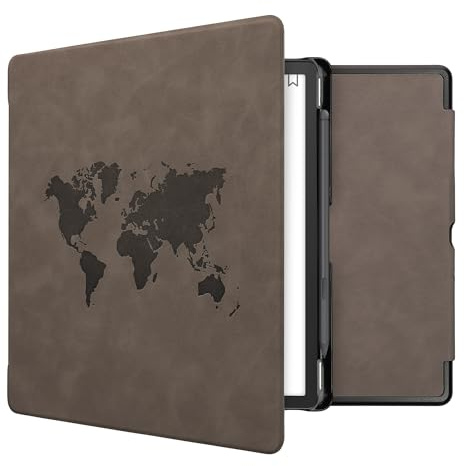 kwmobile Schutzhülle für Amazon Kindle Scribe (2022/2024) Hülle - eReader Case aus Kunstleder mit Auto Sleep Funktion - Travel Umriss mit Grau