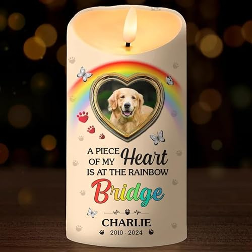 KiLiWin Personalized A Piece of My Heart is at The Rainbow Bridge Dog Memorial Led Candle Gifts for Dogs Mom Dad On Pet Birthday Christmas Loss of Dog in Heaven Pet Sympathy Remembrance Decor Gifts