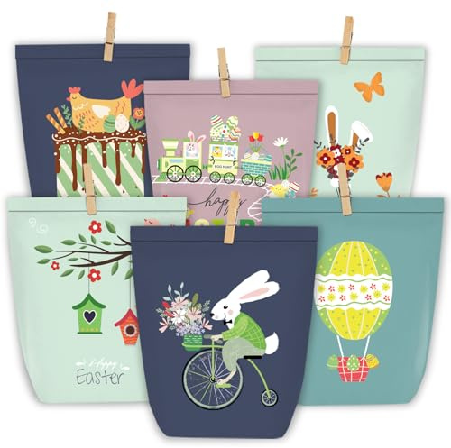 PANSIBY Geschenktüten Ostern, Ostertüten zum Befüllen, 24 Bunt Blau Bedruckte Tüten mit Holz Klammern, Karikatur Osterhasen Basteln Set