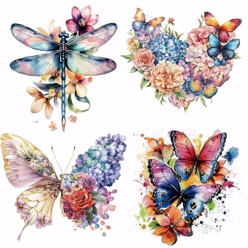 SUPERDANT 4 Stück Schmetterlingsblumen Aufkleber für Wärmeübertragung Schmetterlingsblumen Bügelbilder Kunststofffolie Logo Wärmeübertragung Aufkleber Für T Shirts Leinentaschen DIY Bastelarbeiten