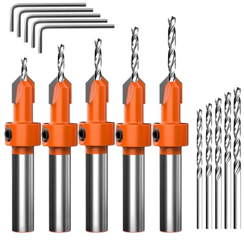 Set di 15 punte per fresa in legno, 5 punte da fresa in HSS regolabili (2,8/3/3,2/3,5/4 mm), con 5 punte sostituibili 5 chiavi esagonali, Countersink Drill Bit Set per smussatura e foratura precisa